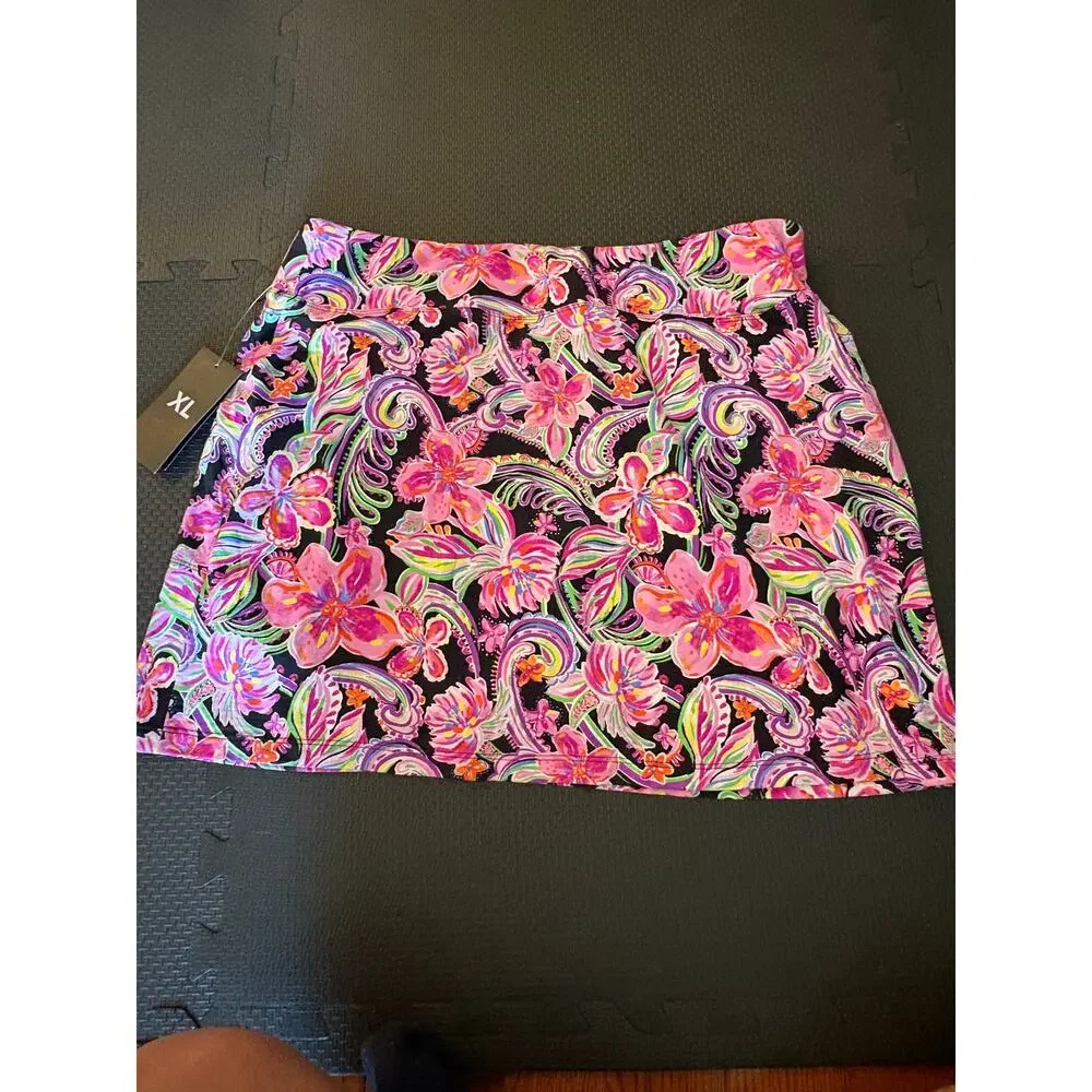 NEW Ibkul Allie Black Printed Tropical Golf Tennis Skort XL